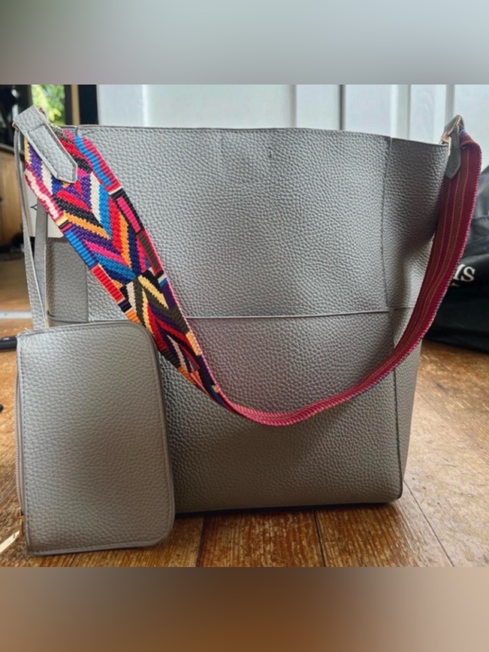 Gray Women's Tote Bag with Colorful Adjustable Strap